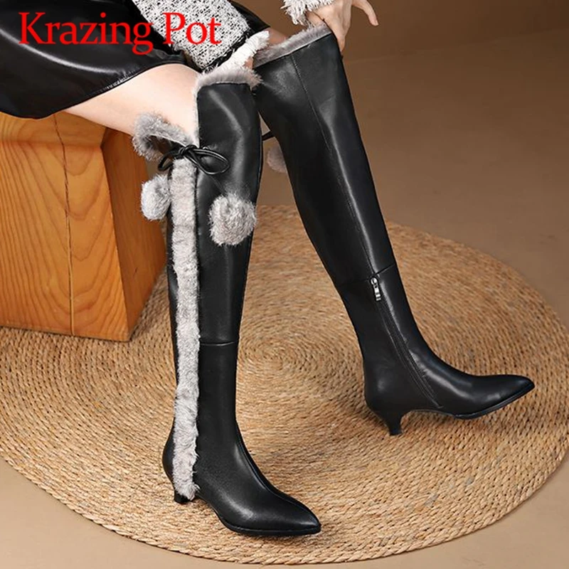 

Krazing Pot Rabbit Hair Cow Leather Square Toe Med Heel Snow Boots Zip Keep Warm Fur Cute Rage Street Wear Over-the-knee Boots