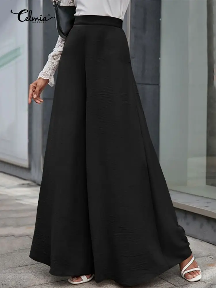

Celmia High Waist Loose Pantalon Streetwear Zipper Elegant Fashion Wide Leg Pants Solid Color Wrinkle Women Summer Long Trousers