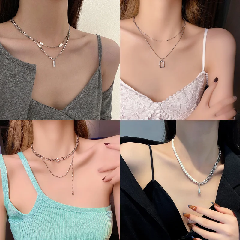 

Hiphop Double-layer Necklace Women Men Simple Punk Vintage Clavicle Chain Trendy Retro Necklace Brinco Bijoux