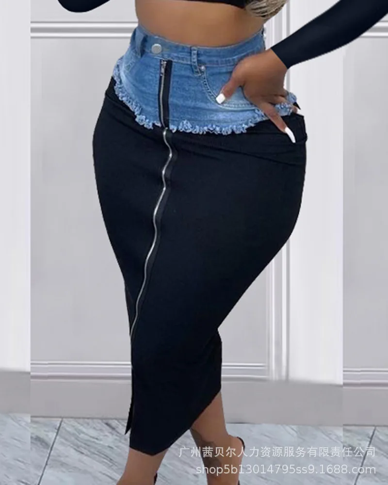 

Denim Patch Zipper Design Maxi Skirt Spring Summer Stretch Vintage Bodycon Club E-girl Streetwear Y2k Skirts Maxi Long Skirt