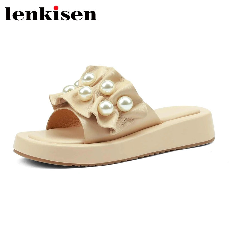 

Lenkisen из мягкой овечьей кожи Толстая подошва, плиссированные украшения с жемчугом, повседневная одежда для молодых девушек, простые Стильны...