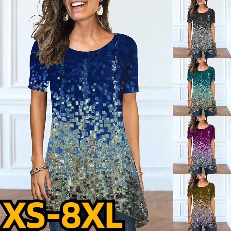 

Женская длинная футболка с круглым вырезом, элегантная винтажная Повседневная футболка с коротким рукавом, облегающий пуловер с принтом, л...