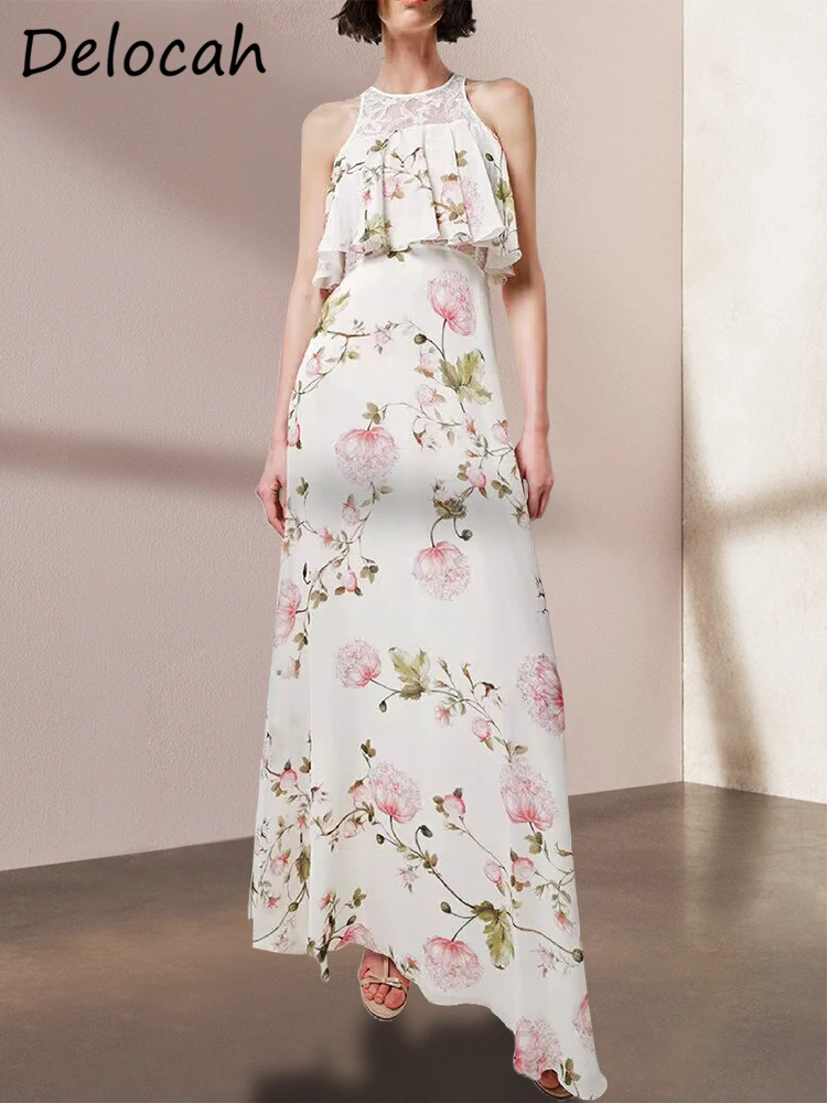 

Delocah высококачественное летнее женское модное дизайнерское праздничное длинное платье с кружевными оборками и цветочным принтом, платья на бретелях без рукавов