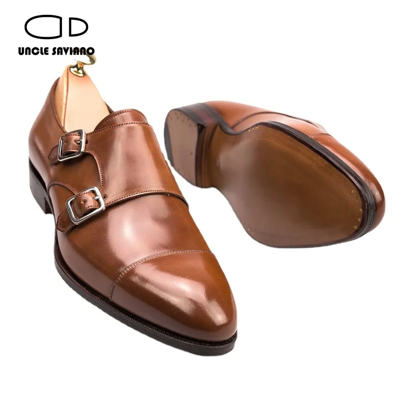 Uncle Saviano Double Monk Strap Luxury Men Shoes Genuine Leather Handmade Fashion Designer Business Dress Shoes for Men Original