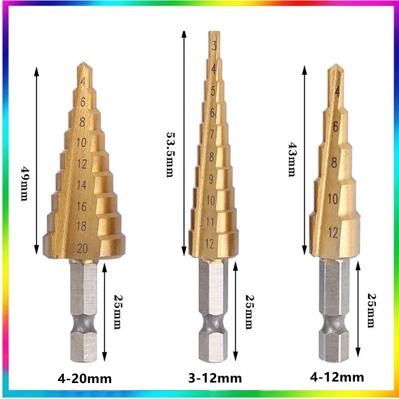 3-12/4-12/ 4-20mm HSS Straight Groove Step Drill Bit Titanium Coated Wood Metal Hole Cutter Core Cone Drilling Tools