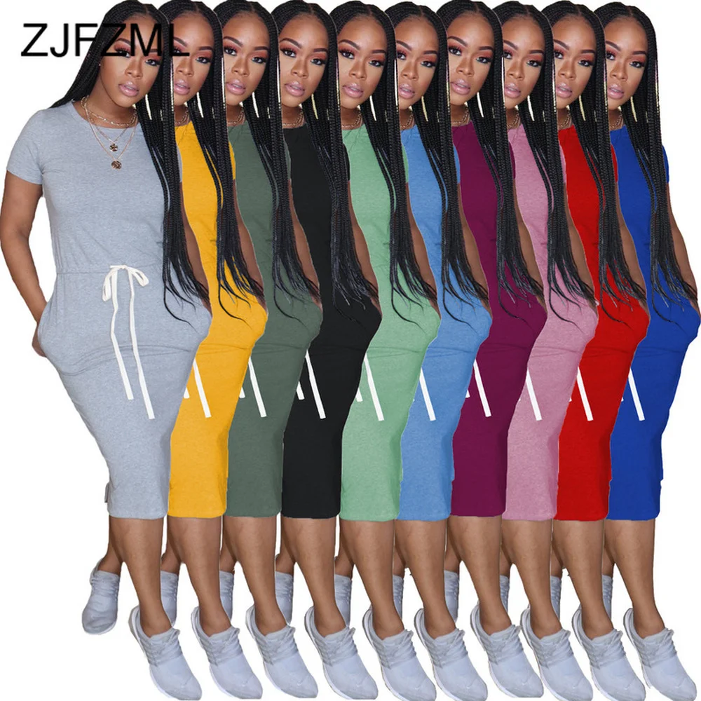 

10 Color S-XXL Elastic Waist T Shirt Dress For Women Round Neck Short Sleeve Bandage Dress Summer Solid Pockets Club Party Dress