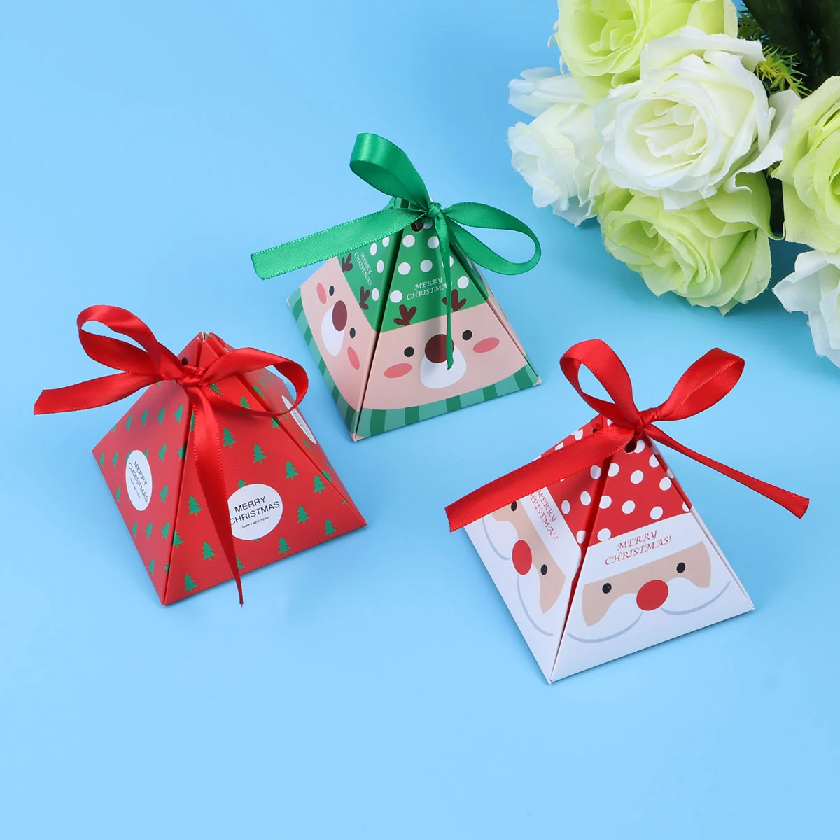 

Boxes Christmas Gift Box Holiday Candy Treat Goodie Small Paper Cookie Favors3D Trianglepresents Wrapping Party Favor Bags