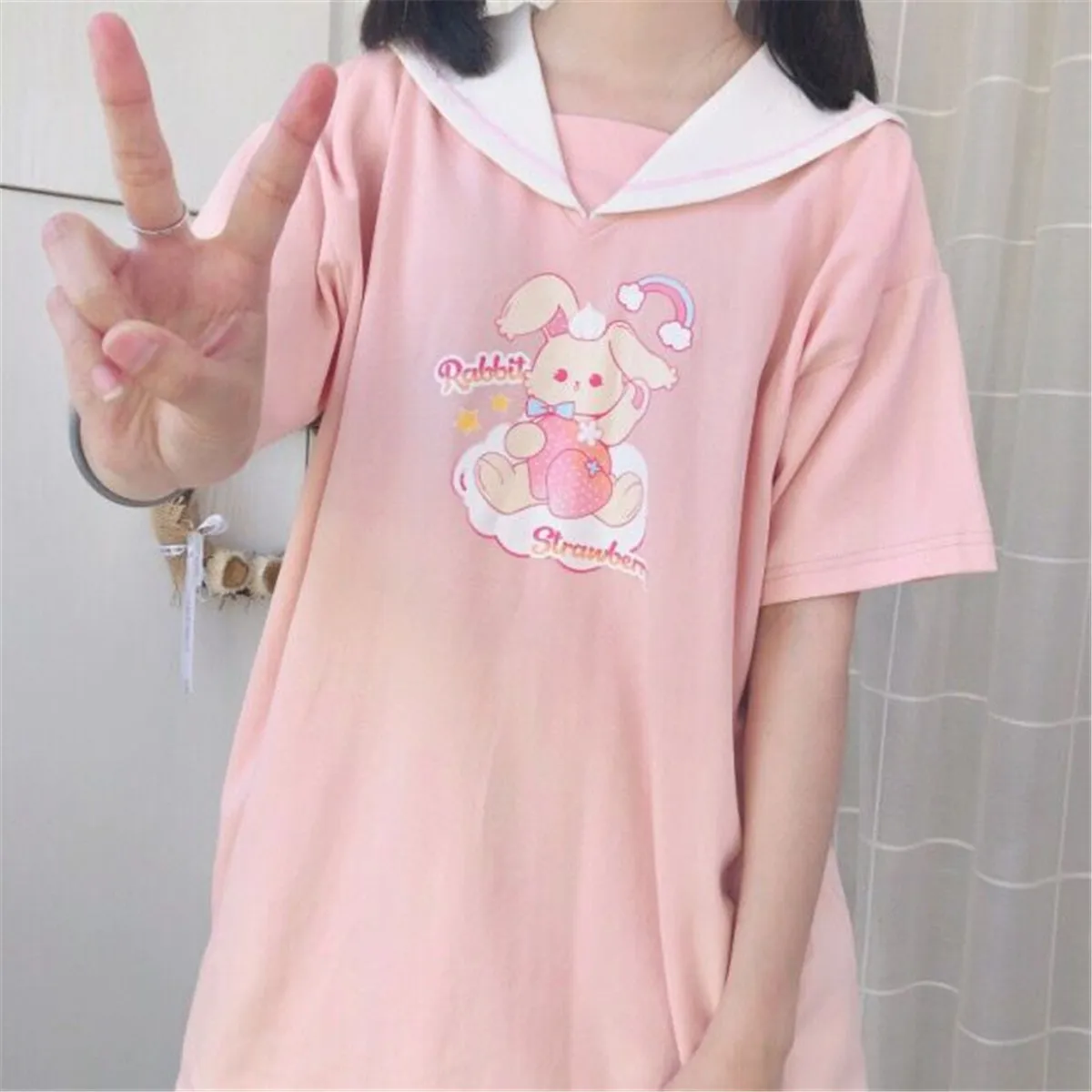 

Женская футболка с матросским воротником, Повседневная Свободная розовая футболка с принтом кролика, в японском стиле, в стиле Харадзюку, л...