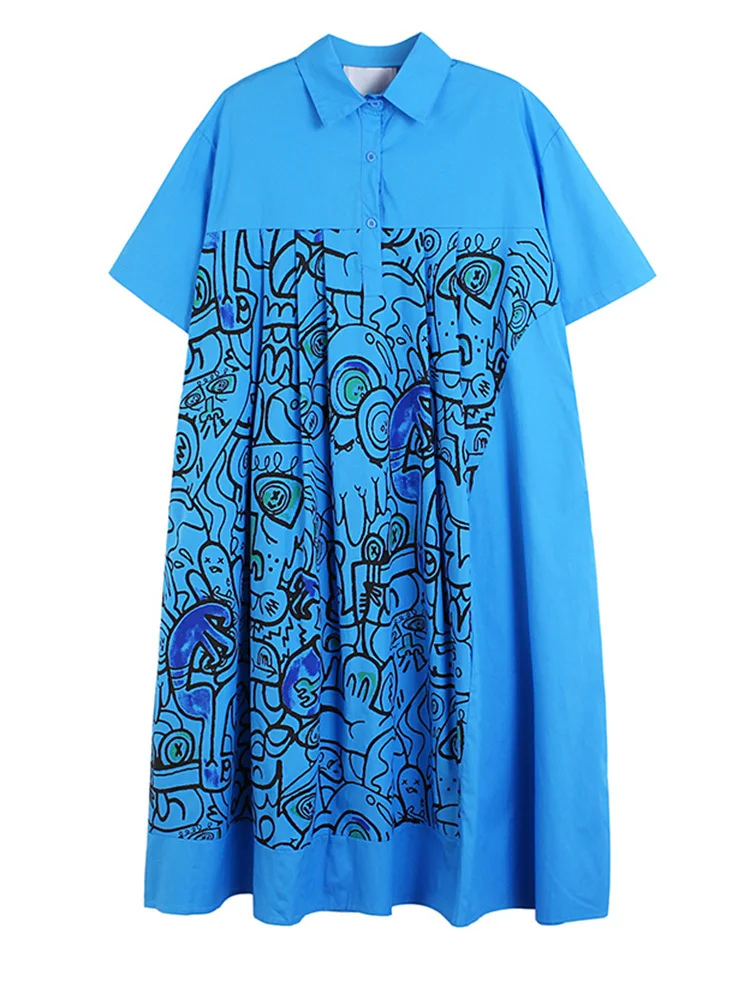 

Women Blue Pattern Printed Big Size Shirt Dress New Lapel Short Sleeve Loose Fit Fashion Tide Spring Summer 2022 N957