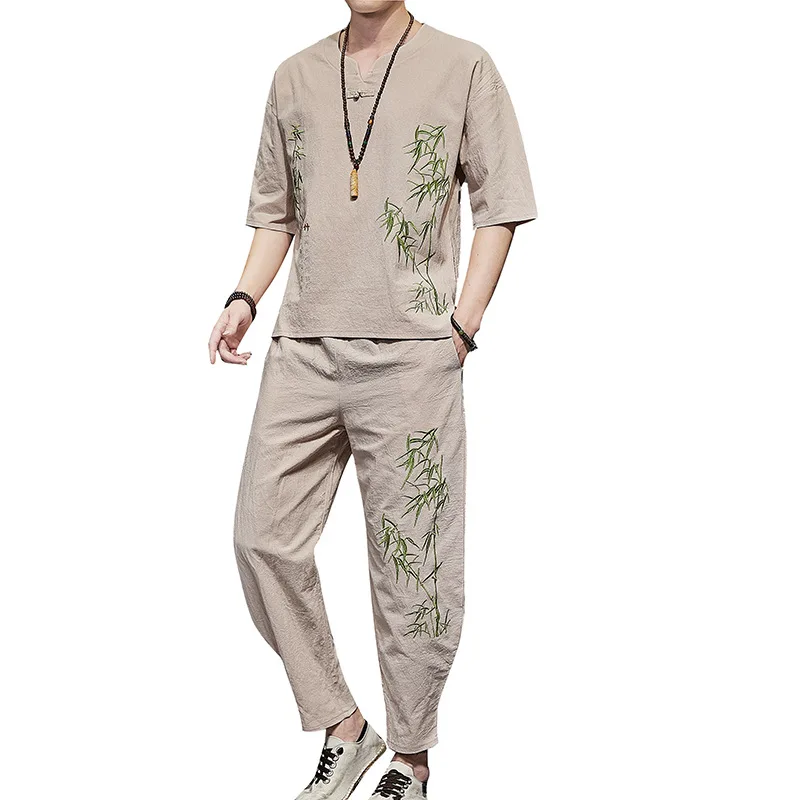 Embroidery Bamboo Buckle Men Pajamas Sets 2PCS Cotton T-Shirts Sleepwear Summer Chinese Style Casual Home Wear Large Size