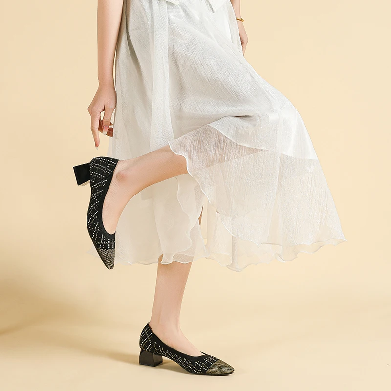 Женские классические туфли DIMANYU вязаные с острым носком на блочном каблуке