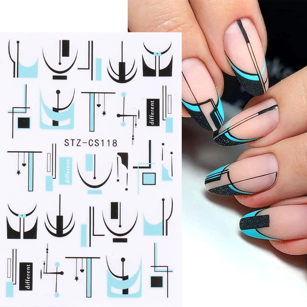 3D наклейка для ногтей с французским наконечником черные линии геометрические