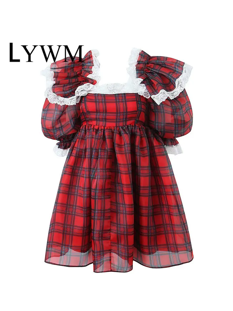 

LYWM Women Fashion Plaid Lace Mini Dress Vintage Square Neck Back Zipper Puff Sleeves Female Chic Lady Dresses