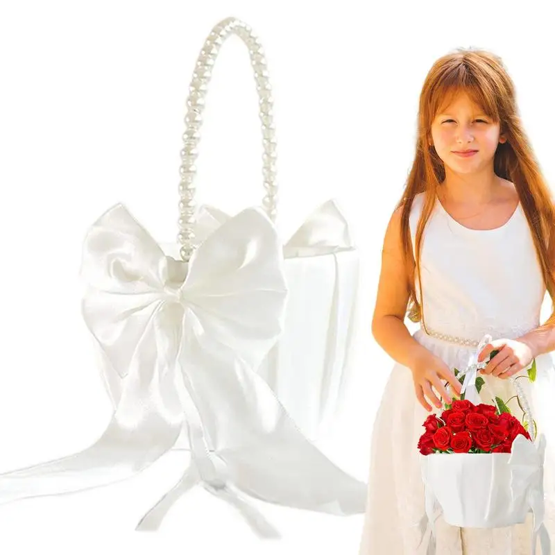 

Wedding Flower Girl Baskets Satin Flower Girl Baskets Western Flower Basket With Cute Pearl Handle Bowknot Girl Baskets