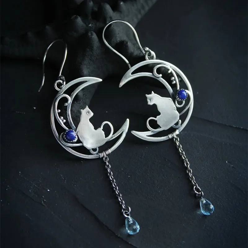 

Dainty Long Chain Earrings Vintage Silver Color Cute Cat Crescent Lapis Lazuli Earrings Hypoallergenic Jewelry Gift for Women