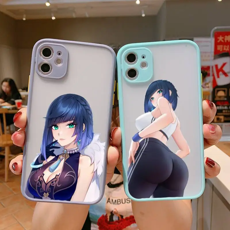 

yelan genshin impact Phone Case For iPhone 13 12 11 Mini Pro XR XS Max 7 8 Plus X Matte transparent blue Back Cover