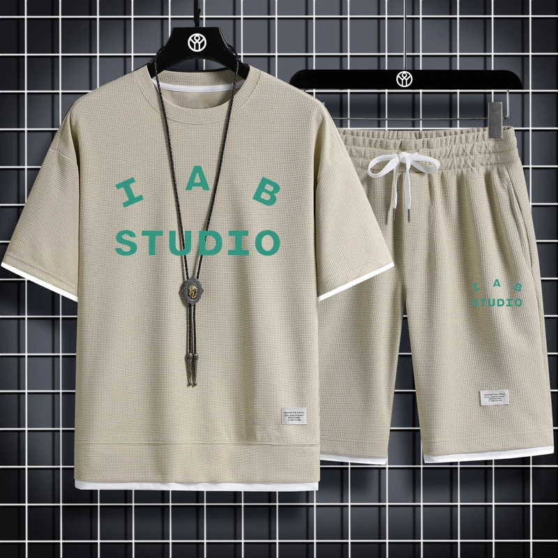 2023 Men's Two Piece Set Linen Fabric Casual T-Shirt and Shorts Set Mens Sports Suit Fashion Short Sleeve Tracksuit golf