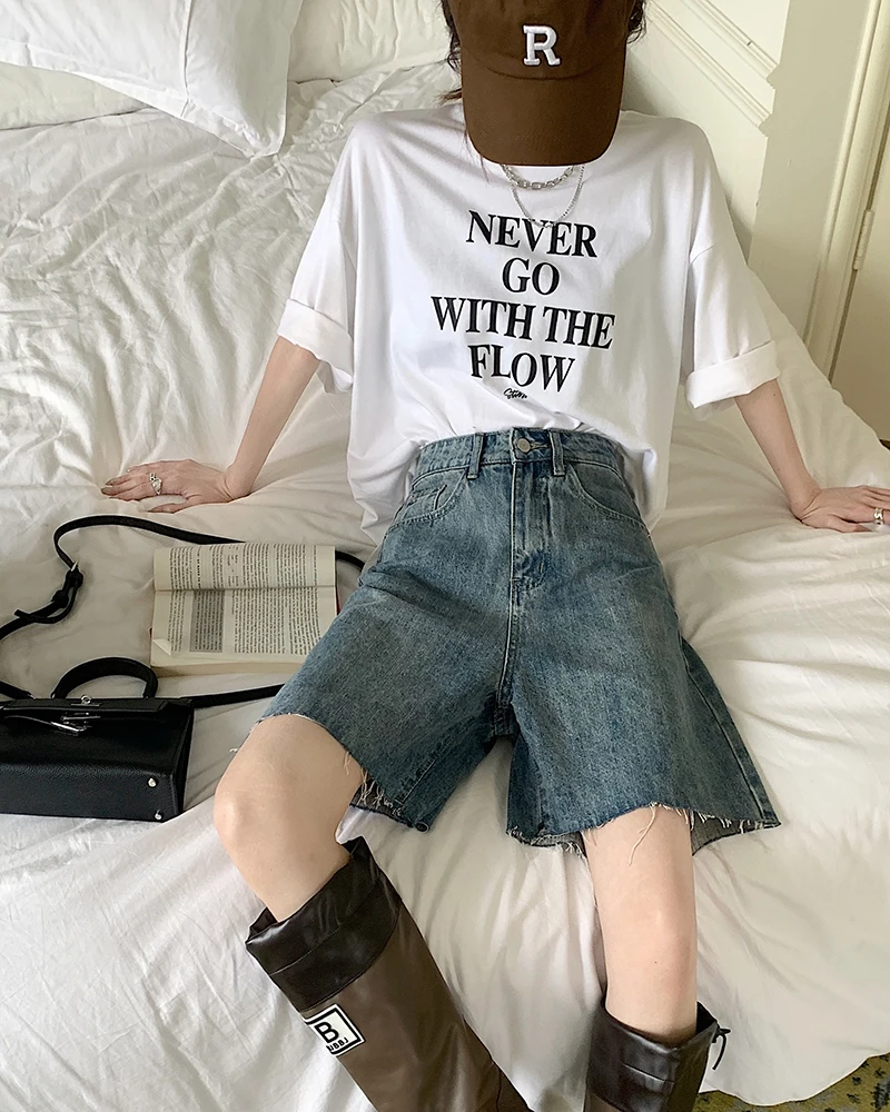 2023 Denim Shorts Women's Blue Commuter Summer New High Waist Straight Tube Loose Wide Leg Slim Capris