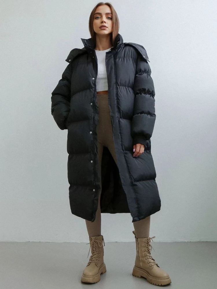 Fashion Warm Thick Solid Hooded Parkas Long Puffer Coats for Women 2022 Winter Casual Zip-up Ladies Cotton Padded Black Outwear