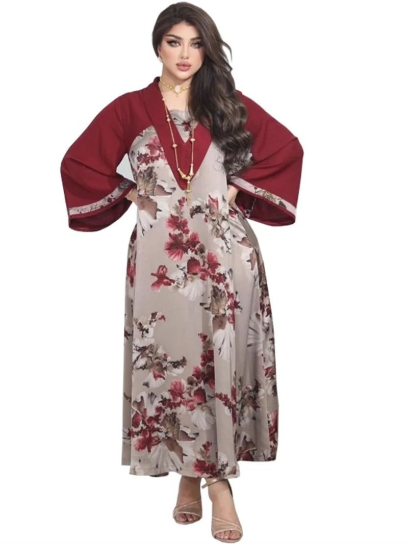 Abaya Muslim Long Dress Women Full Sleeve Islamic Clothing Robes Fashion Floral Print Splice Elegant Jalabiya Muslim Party Dress