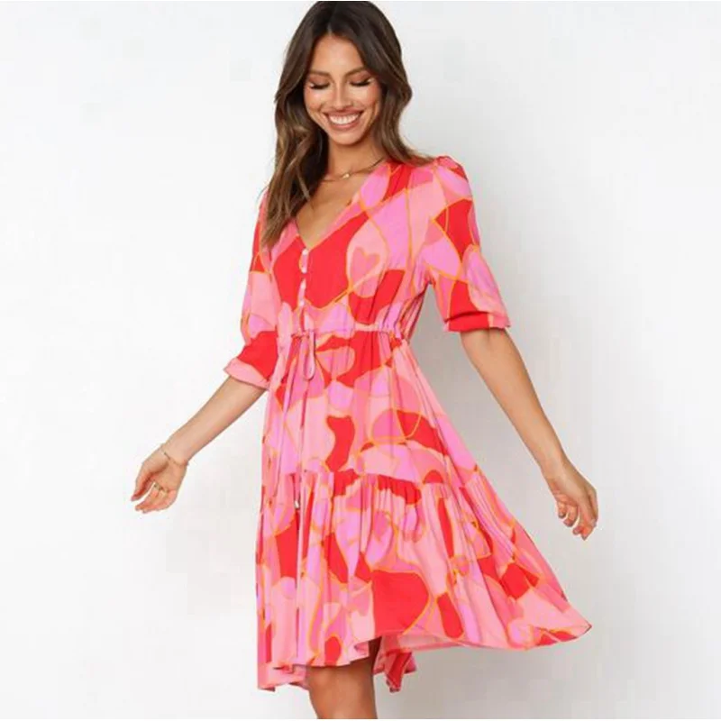 

2022Spring and Summer New European and American Foreign Trade Elastic Waist AliExpresswishCross-Border Female FashionVCollar Flo