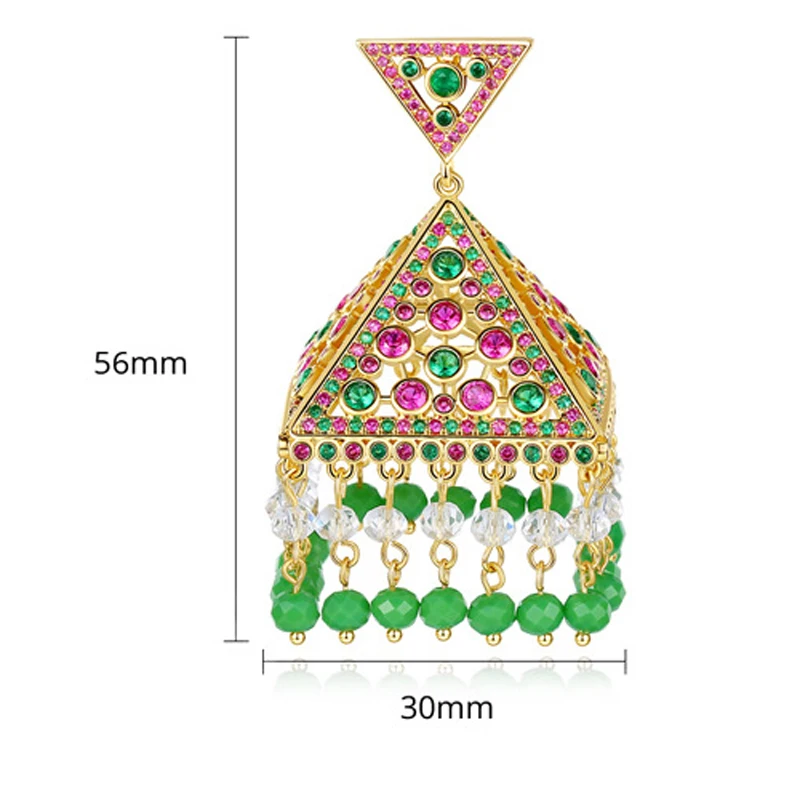 Серьги-подвески с зелеными бусинами винтажная медная вставка из циркония Jhumka Jhumki