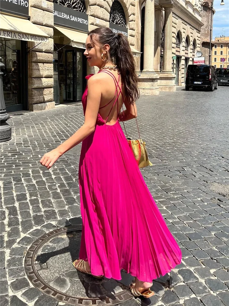 

Rose Red Sexy Backless Lacing Long Dress 2022 Summer Woman V Neck High Waisted Dresses Ladies Sling Draped Beach Dresses