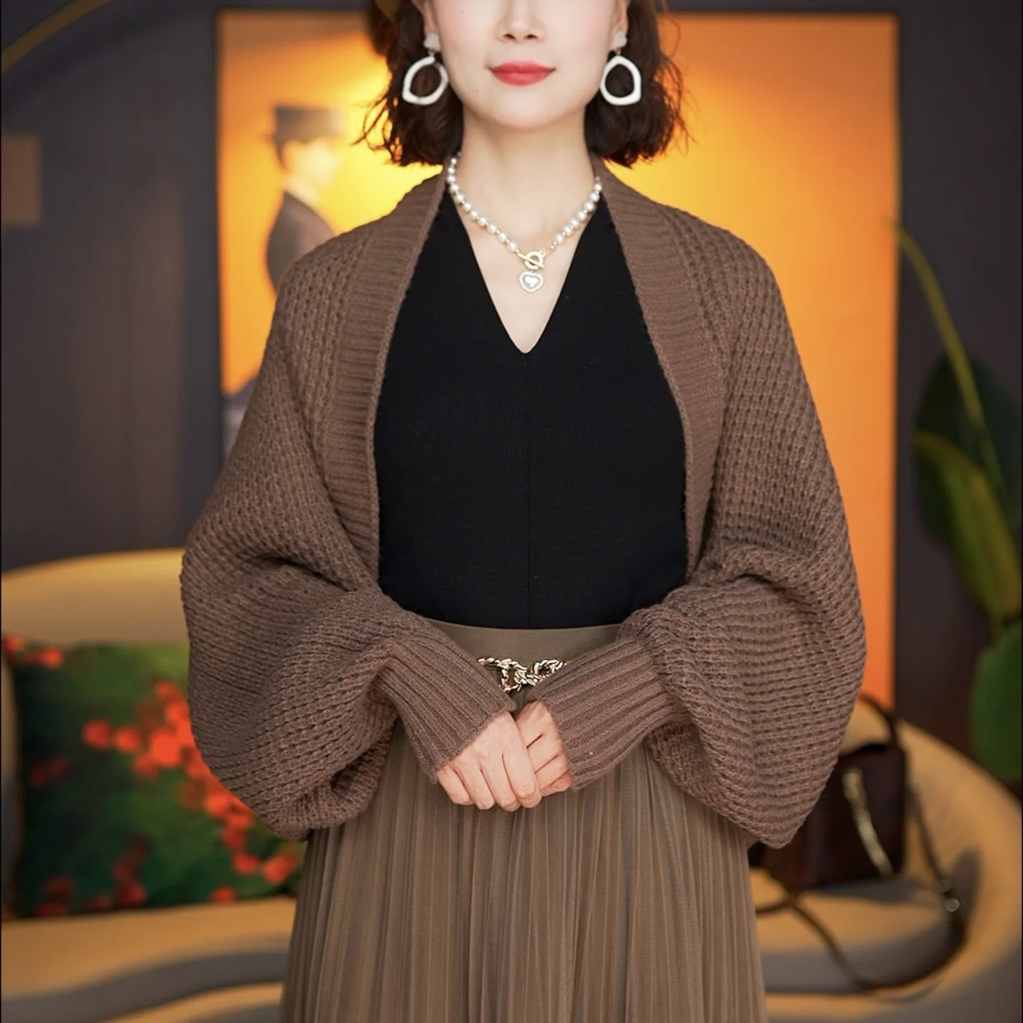 Женский укороченный свитер с длинным рукавом кардиган открытой передней частью