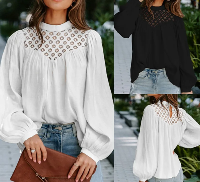 

Women's new fashion lace splicing round neck long sleeve upper dress in spring and summer 2023