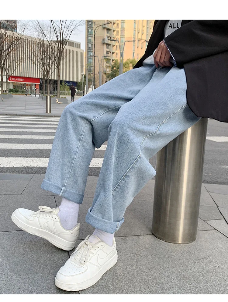 Autumn New Baggy Boyfriend Jeans Men's Blue Black Fashion Korean Straight Pants Casual Solid Students Wide-leg Denim Trousers