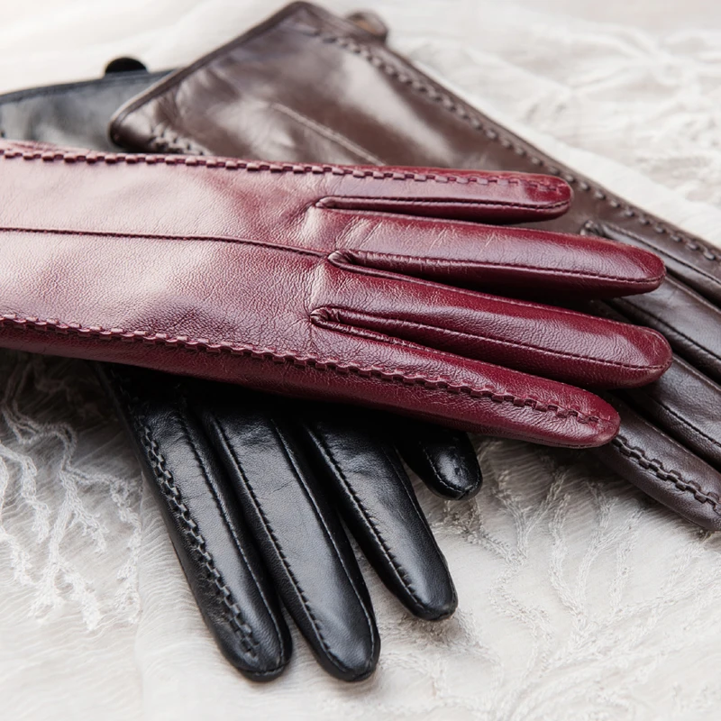 Leather Gloves Women's Simple Texture Imported Goatskin Gloves Thickened Warm Repair Hand Thin Driving Touch Screen