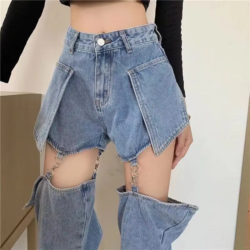 

LenBuck New Hip Hop Jeans Women Chain Pants Metal Buckle Broken Cut Out Trendy Stage Dance Wear Trousers Split Female Streetwear