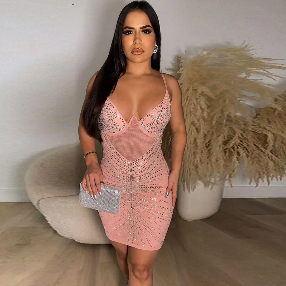 

Bodyconclothes Women Rhinestones Hot Drilling Mesh See Though Patchwork Mini Dress Party Dresses Night Out Robes Vestidos