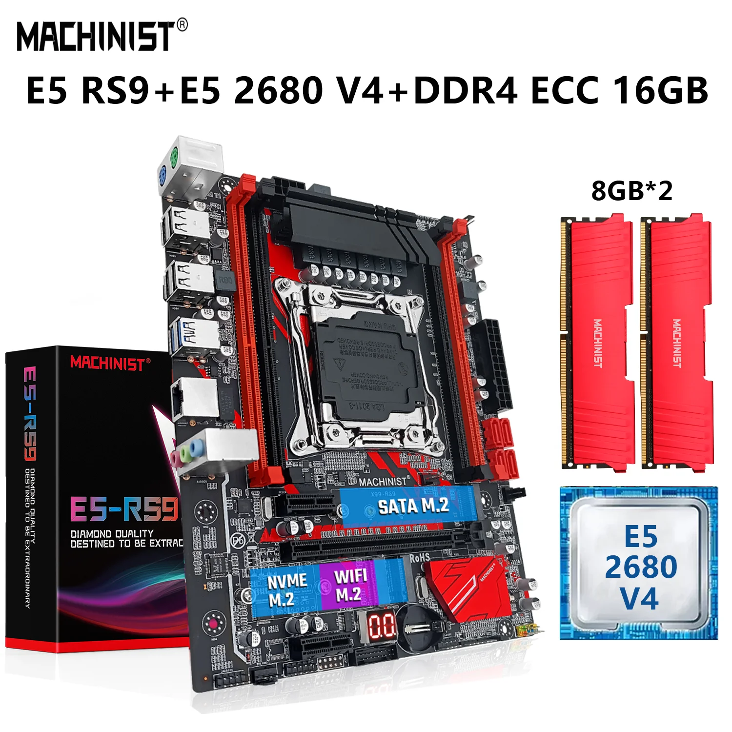 MACHINIST X99 RS9 Motherboard Set Kit Xeon E5 2680 V4 CPU LGA 2011-3 Processor 16G=2*8G DDR4 RAM Memory NVME M.2 SATA WIFI