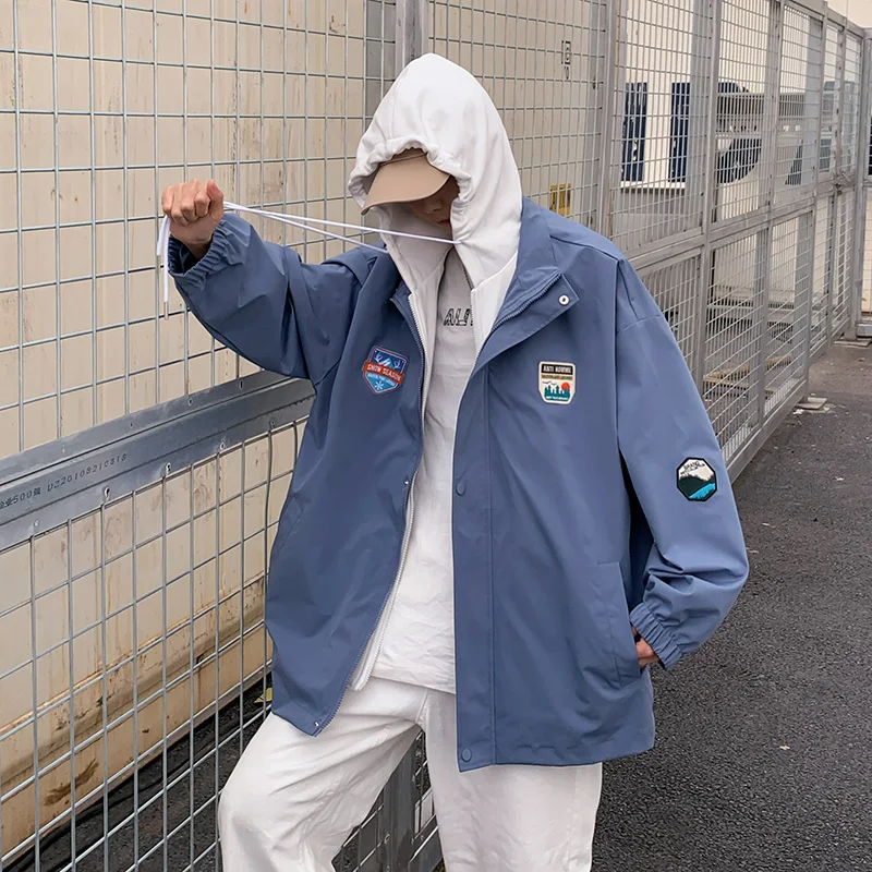 

2023 Men's Fake Two Piece Jacket Autumn Casual Streetwear Hooded Jackets Men Clothes Mens Windbreaker Coat Male Outwear Overcoat