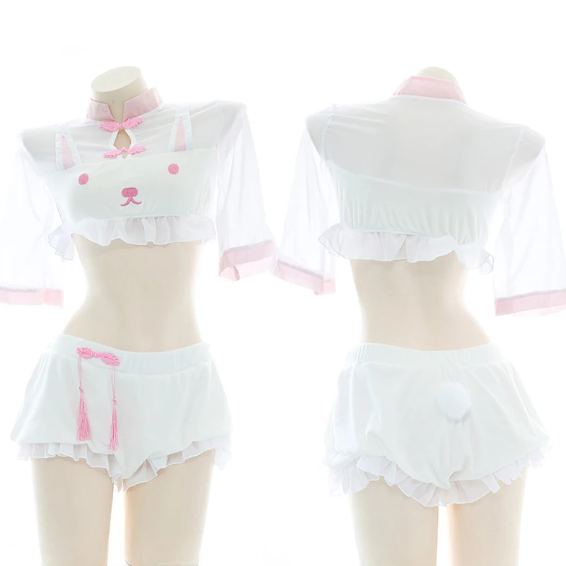 

Kawaii Chinese Style Bunny Cheongsam Pajamas Suit Lovely Lolita Plush Bunny Roleplay Sexy Party Underwear Ruffles Lingerie Set