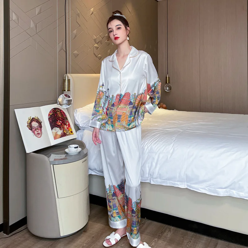 

Fashionable Simple Simulated Silk Pajamas Ladies Long Sleeve Suit pajamas for women