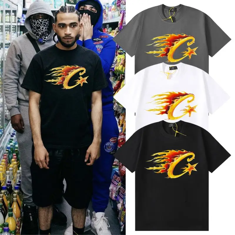 

New Vintage Corteiz Tshirts Flaming Star Print Cotton Round Neck Short Sleeve Tops Loose T-shirt for Men Women harajuku