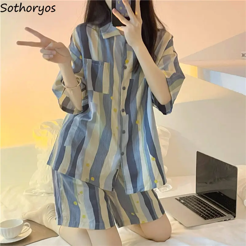 

Print Pajama Sets Women Stylish Simple Design Leisure Summer Home Turn-down Collar Harajuku Cozy Ins Lounge Wear Classic Femme
