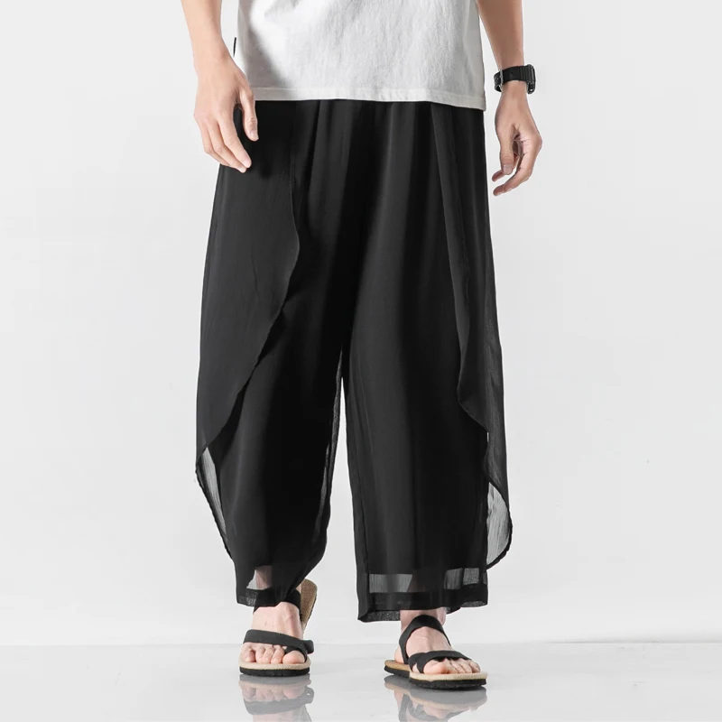 

Men's Southeast Asia Spring and Summer Chiffon Ice Wide Leg Pants Chinese Style Large Size Hanfu Loose Solid Color Casual Pants