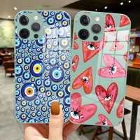 evil eye glass phone case for iphone 13 pro max 12 11 pro mini 6 6s 7 8 plus x xr 11pro xs max light cyan cute love heart cover