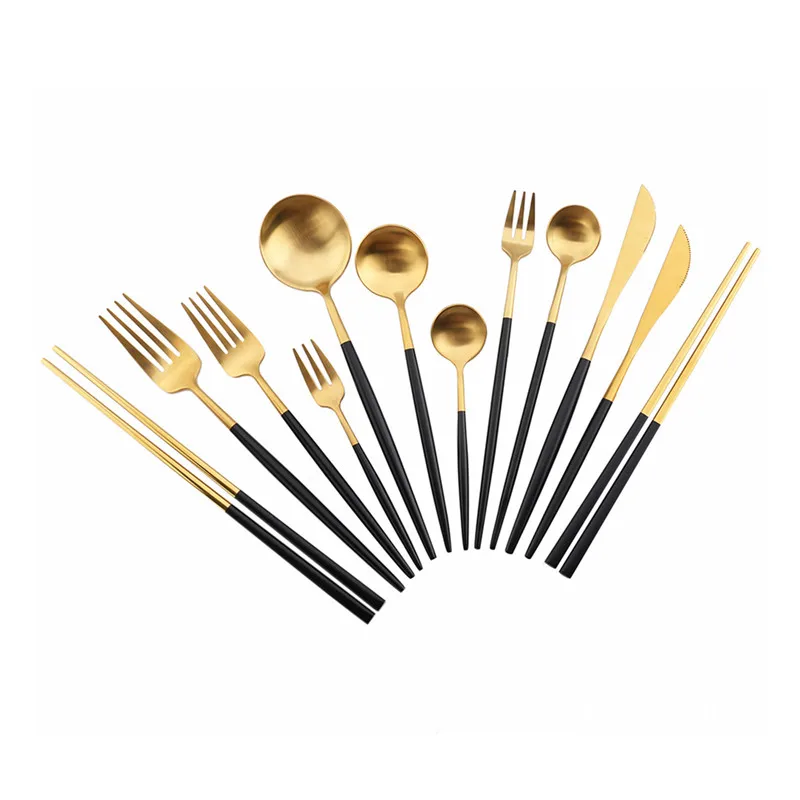

Black Golden Baking Paint Handle Cutlery Set Chopsticks Steak Knife Fork Coffee Spoon Teaspoon Home Tableware Kitchen Accessorie