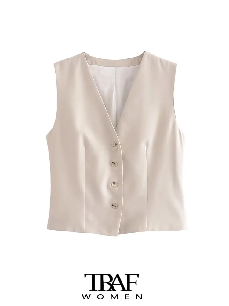 

TRAF Women Fashion With Slits Front Button Waistcoat Vintage V Neck Sleeveless Female Outerwear Chic Vest Tops