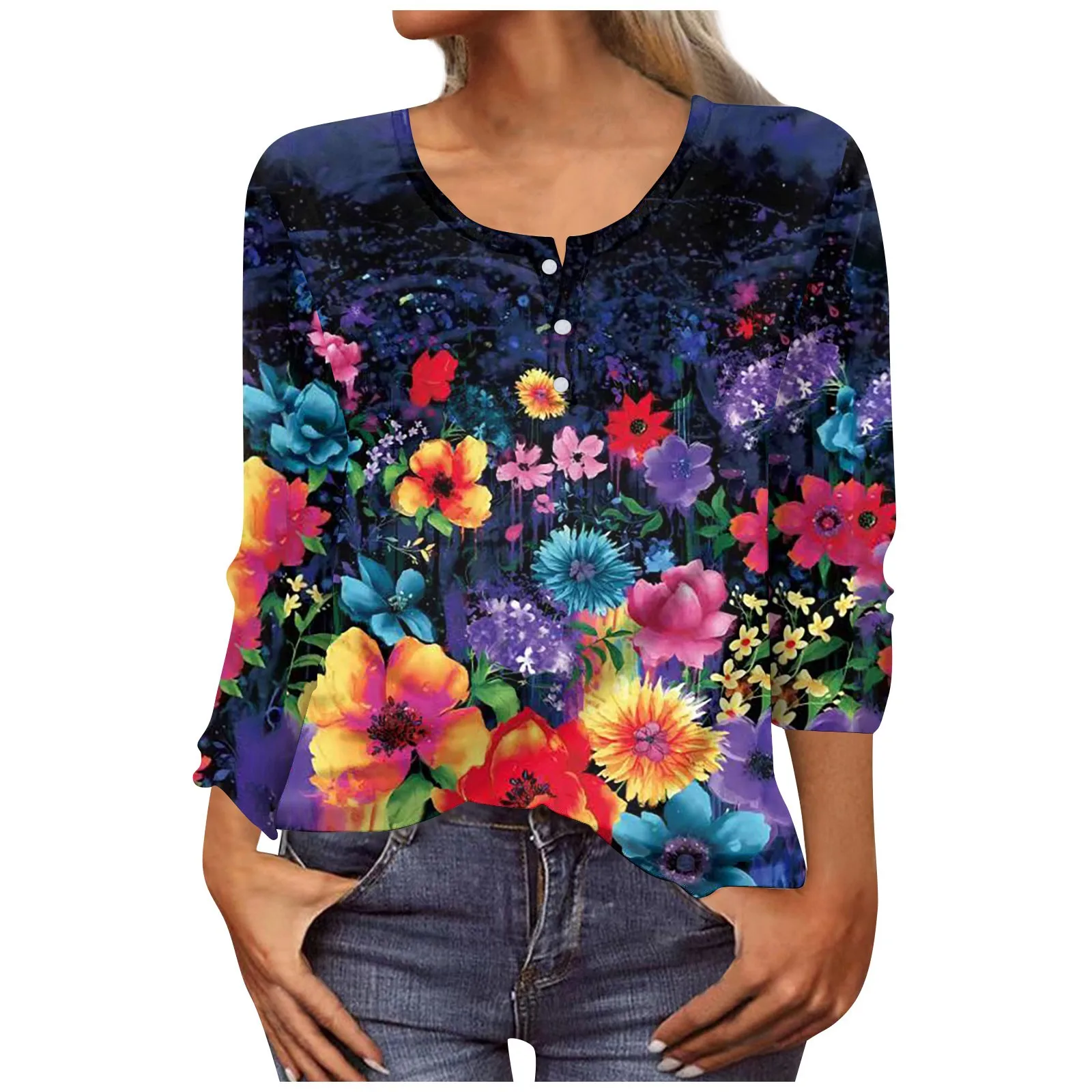 

Summer Women'S Fashion Casual Long Sleeve Flower Buttons Print U-Neck Pullover Top Blouse Top Women Fashion Woman Blouse 2023