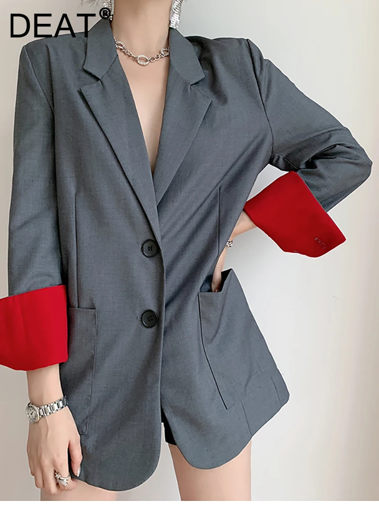 DEAT Fashion Women's Blazer Notched Collar Loose Single Breasted Contrast Color Sleeve Suit Jackets Spring 2023 New 17A5817