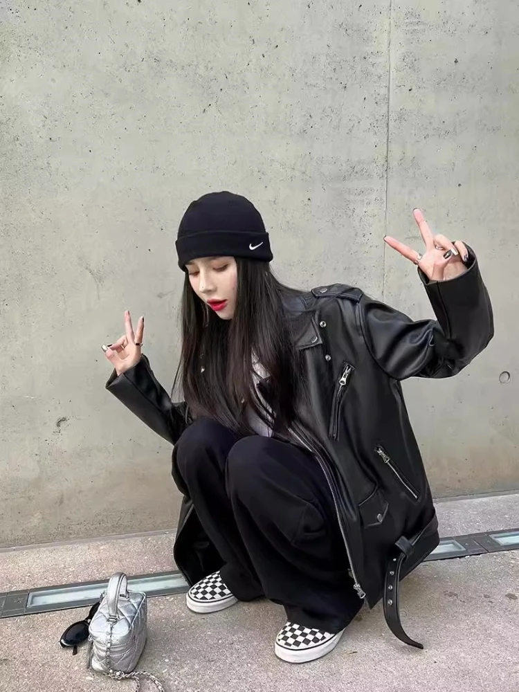 Осеннее Ins Street крутое кожаное пальто верхняя одежда женская свободная куртка