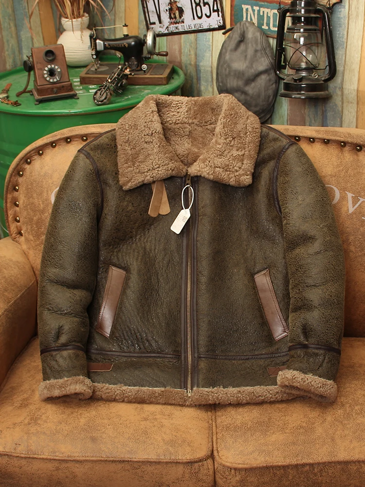 

Vintage Men Genuine Sheepskin Lambskin Leather Coat Wool Liner Motor Pilot Jacket Male Winter Outerwear Clothes Brown XXXXXXL