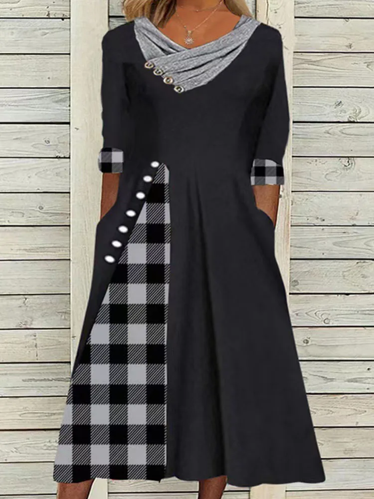 

Vintage Half Sleeve Print Splicing Midi Dress Elegant Loose Pullover Party Dresses Women Summer Casual Cross V Neck Button Dress