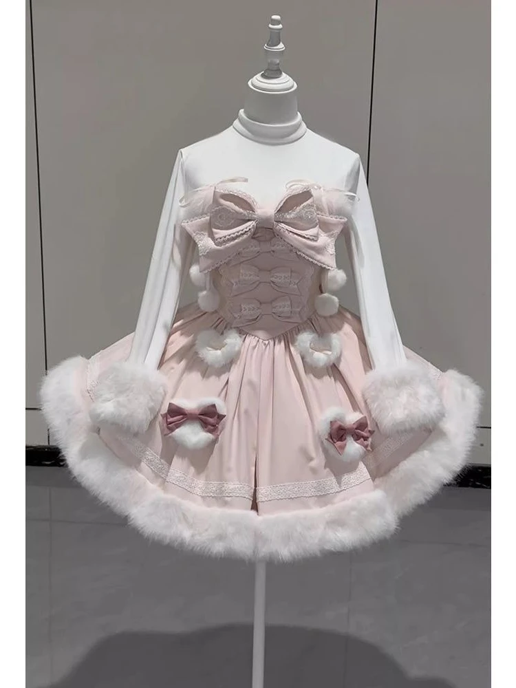 Фото Комплект платья-накидки с капюшоном и ушками кролика в стиле Sweet Lolita, розовый, для женщин и девочек, с кружевом, бантом, помпонами и меховой отделкой, для косплея, вечеринок и повседневной носки №5