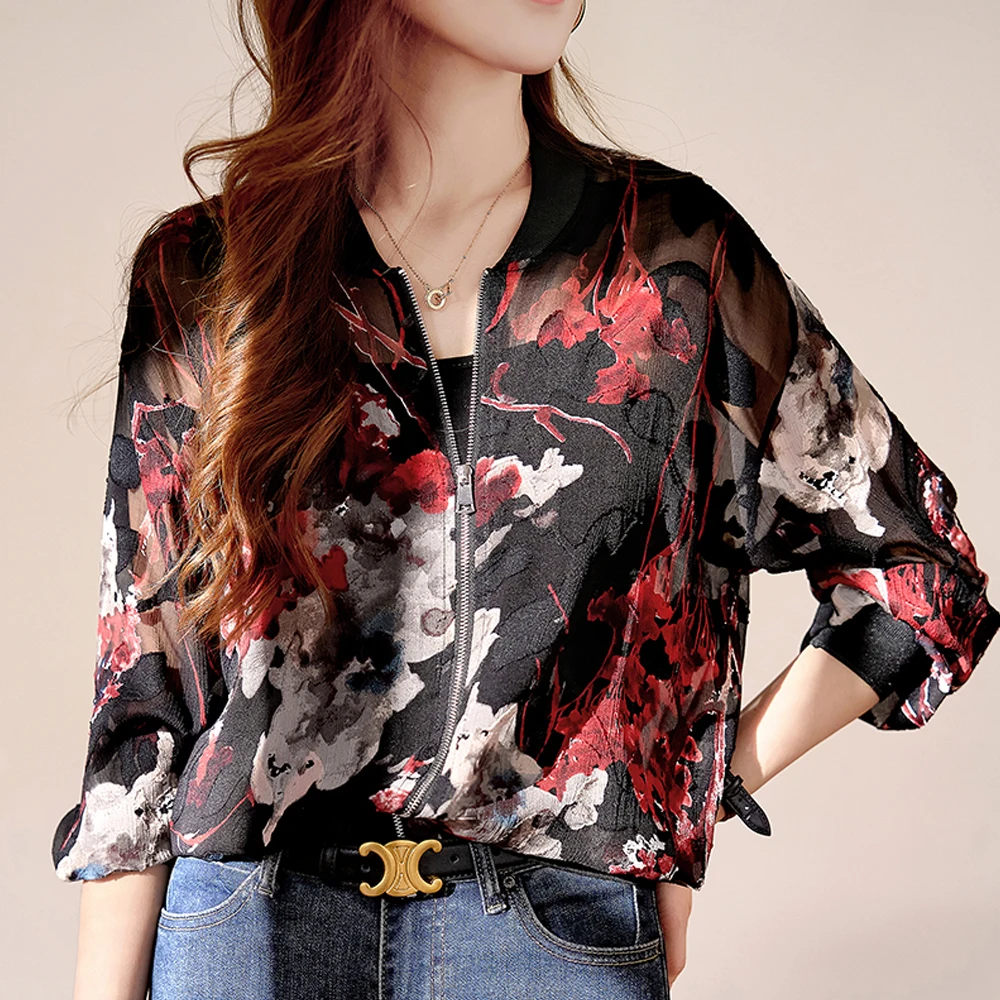 Женское прозрачное шифоновое пальто с длинным рукавом и цветочным принтом